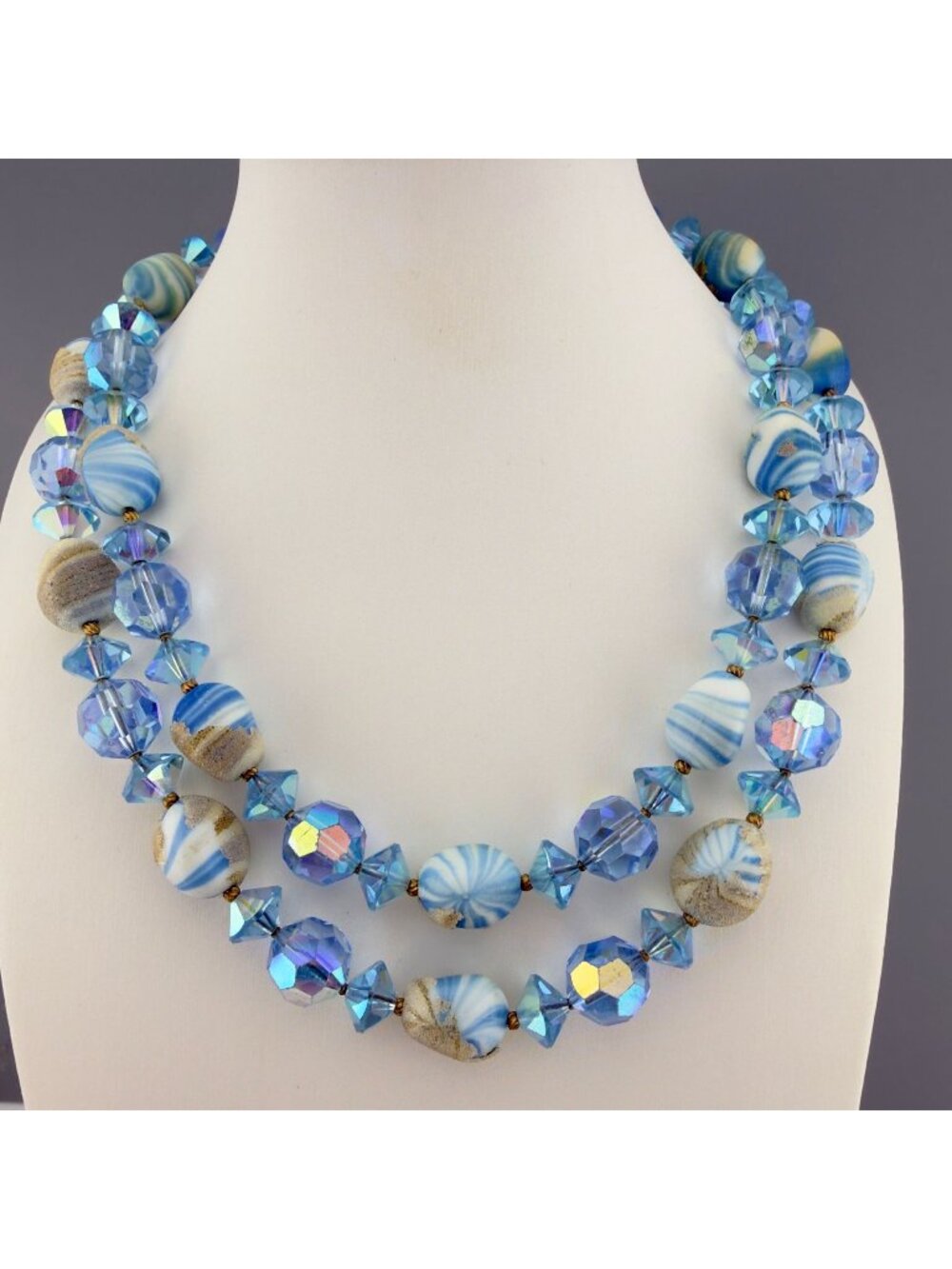 Vintage Glass Beaded Necklace Double Strand Blue AB Sugared READ